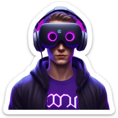 Russian young man wearing a black hoodie with "OMG" letters on it and VR headset in a cyberpunk VR environment with violet neon lighting. sticker