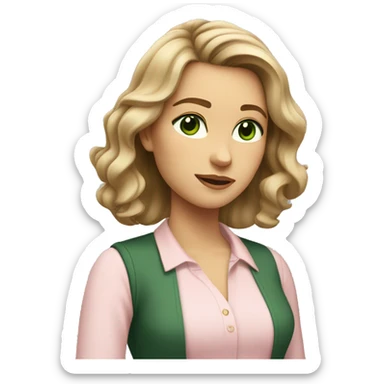 A young women with shoulder length slightly wavy dark blonde hair, dark green eyes wearing a light pink blouse, looking off to the side sticker