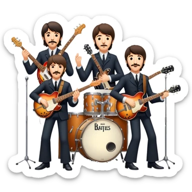 Rock music icon: The Beatles performing live on stage. John Lennon with guitar, Paul McCartney with bass, George Harrison with guitar, Ringo Starr on drums. Bright lights, energetic performance. Transparent background. sticker