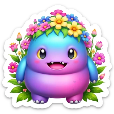 Kawaii derpy fat rainbow monster surrounded by magical flowers, rich textures, visually rich, so lifelike that it feels like it could leap off the page at any moment sticker