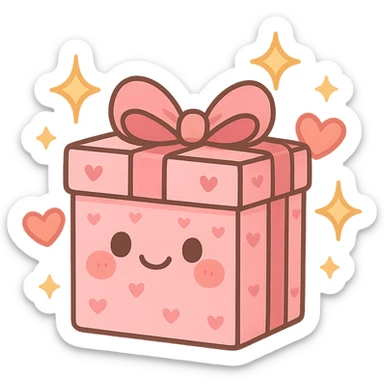 cute gift box with sparkling stars and hearts, smiling wrapping paper, remove background sticker