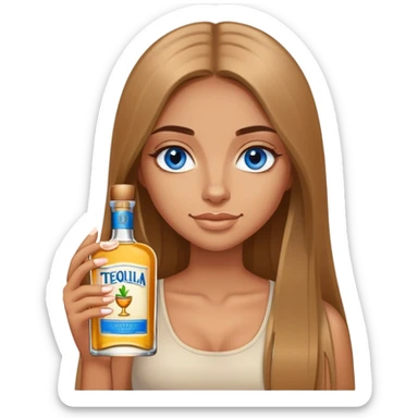 tan girl, long light brown straight hair, blue eyes, holding tequila sticker