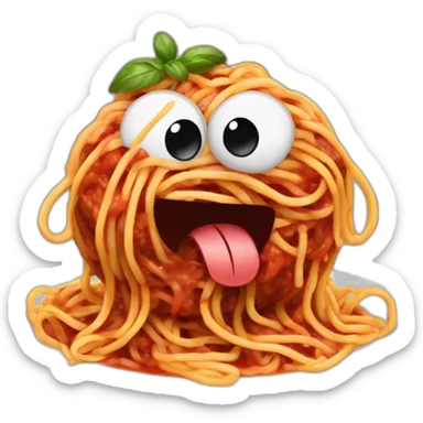 Spaghetti and meatballs with a face, arms and legs, doing something random sticker