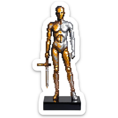 A paintbrush transforming into a silver metallic human silhouette sculpture with bronze accents, symbol of artistic identity sticker