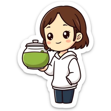 brunette girl holding a matcha sticker