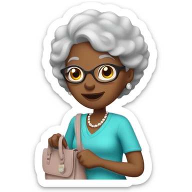 A elderly black woman with gray hair in a cute pose showing off her purse sticker