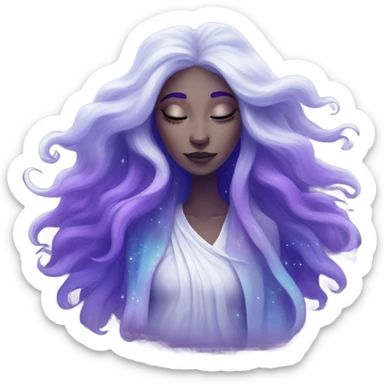 white mystical woman with sparkling galaxy hair with moon and stars in purple and blue shades sticker