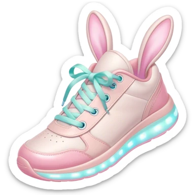 Cute Kawaii Shoe, small and bouncy, soft pastel sneakers with glowing highlights, cute sparkling eyes, a happy cheerful expression, laces tied like bunny ears! sticker