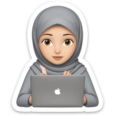 A girl wearing a gray hijab and with hazel eyes is carrying a laptop, not a laptop, just a regular laptop. Not mat bock  sticker