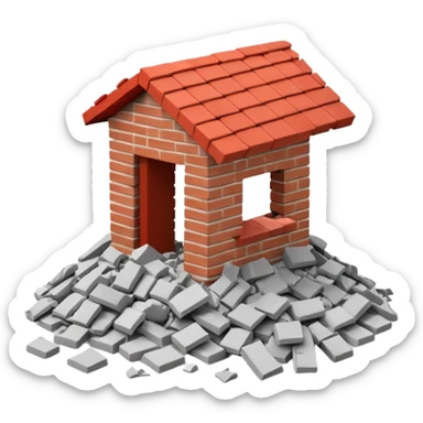 3D iPhone style emoji of a pile of bricks, roof pieces, and wall rubble, scattered and broken, isolated on white background, soft shadows, high detail, playful and cute sticker
