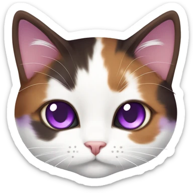 Calico cat with purple eyes and white pupils, dark brown, red, and white color, Munchkin fluffy cat, purple eyes sticker