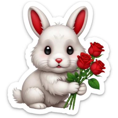 Cute rabbit with sad puppy dog eyes holding roses  sticker