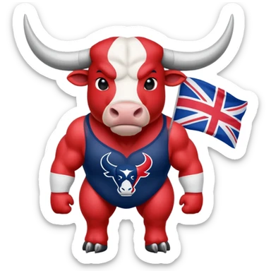 Houston texans bull, wearing a texans jersey, with a union jack flag behing sticker