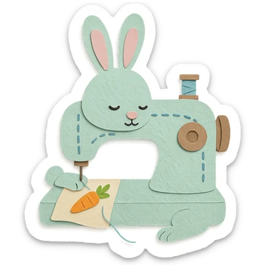 soft mint pastel sewing machine rabbit, fluffy, stitching a tiny carrot pattern, full-body sticker