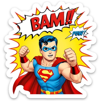 Icon for Vintage American Comics: an open comic book with retro illustrations of classic superheroes, with bold action text like "BAM!" and "POW!" and vibrant colors. The icon should evoke the golden age of American comics. Transparent background. sticker
