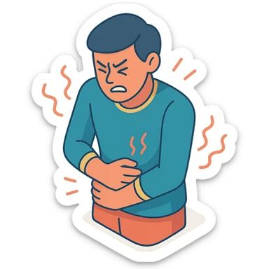 A half-body figure holding their stomach, writhing in pain with waves of pain around them, in 2d-isometric style with shadows and highlights. Focus on torso, stomach, arms, and expression of pain. Variant similar to the second in the previous series but with arms crossed over the stomach. Transparent background. sticker