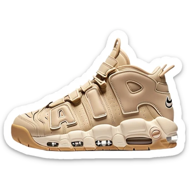 Minimalist beige Nike Air More Uptempo sneakers with one sneaker positioned behind the other, clean simple design with AIR lettering sticker
