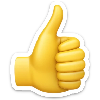 Apple-style 3D illustration of a single yellow emoji hand giving a thumbs up gesture, glossy and rounded, centered on a clean white background, soft shadow underneath, isolated and minimal design sticker