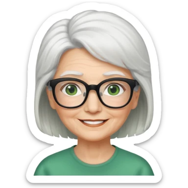 White hair grandma, green eyes, hair to shoulder, lokeg black glasses, rectangles face, smile , sticker