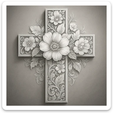 a detailed bright grey flower cross, intricate floral patterns, high contrast, elegant and luminous sticker