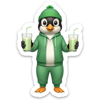full body friendly anthropomorphised penguin wearing green mafia-style tracksuit, angry intense brooding posture, holding glass of milk, shamrock accessory sticker