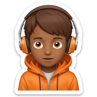 An emoji of a boy with brown hair a orange hoodie and headphones greeting sticker