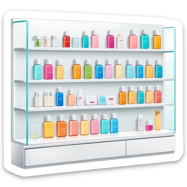 big long white shelf with one serum bottle labeled beauty brand and big sticky note next to it sticker