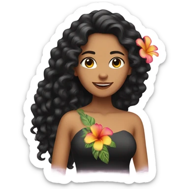 Latina girl with long curly black hair with a Hawaiian flower on the right side of the hair sticker