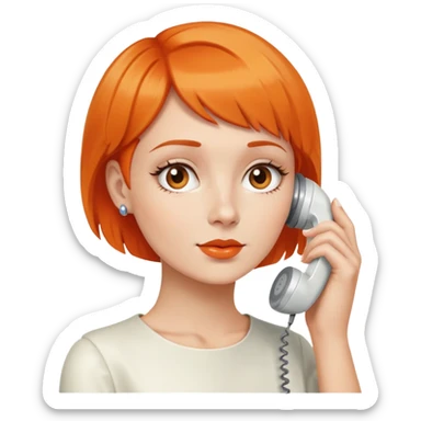 woman with short orange hair holding a vintage white phone to her ear, upper body sticker