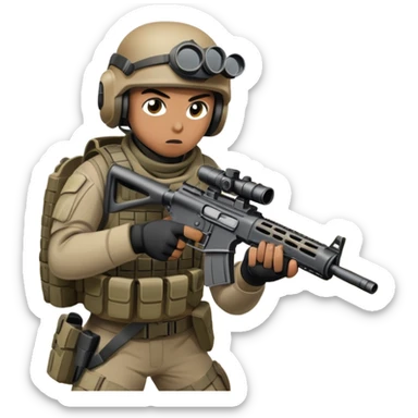 A skilled airsoft player in tactical gear, aiming a gun and shooting metal BBs in a desolate, ruined landscape. The setting is filled with broken walls and debris, creating a tense atmosphere of strategy and precision in a high-stakes tactical environment sticker