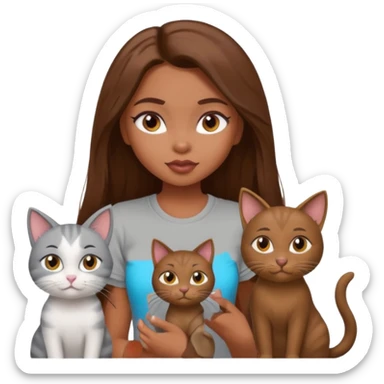 a pretty bratz dusky girl with long brown hair with four cats nd wearing a grey tshirt sticker