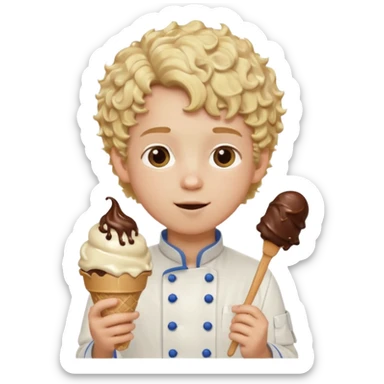 boy blonde curly hair, chef, eating big chocolate ice cream sticker