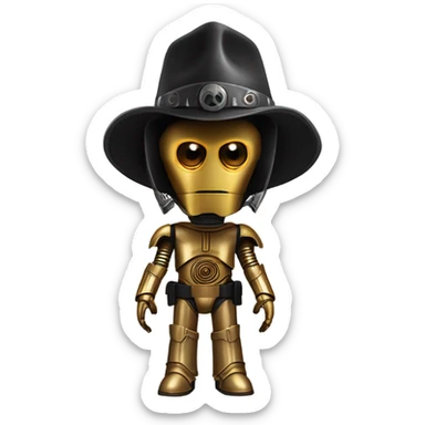 battle rough and tough bounty hunter c3Po wearing Satan’s leather outfit with guns and wide-brim hat on head. walking sticker