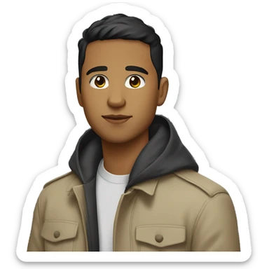 25-year old latino with black eyes and short hair wearing a hoodie with a trench coat sticker