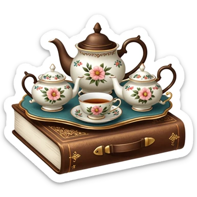 A beautiful vintage tea set stands on a brown book sticker