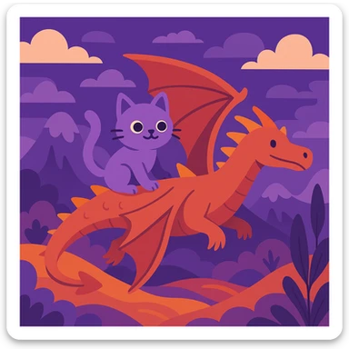 flat toon style purple cat riding a dragon in a fantasy landscape sticker