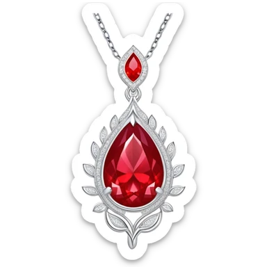teardrop ruby pendant with fiery light, tiny phoenix feather emerging, haloed by shimmering white stones, silver chain like liquid moonlight sticker