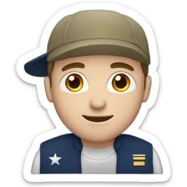 european guy wearing navy cap using laptop sticker