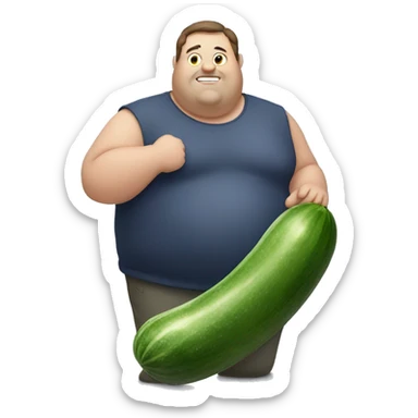 very overweight man holding a large cucumber sticker