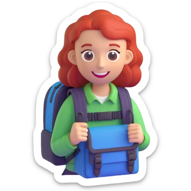 3D emoji of a red-haired character with a sinister smile and a small backpack sticker