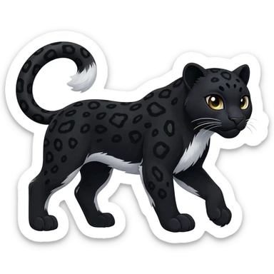 Black Snow Leopard-Panther-hybrid-animal-creature with white stripes and spots and splotch markings sticker
