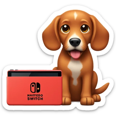 red dog with floppy ears holding a nintendo switch sticker