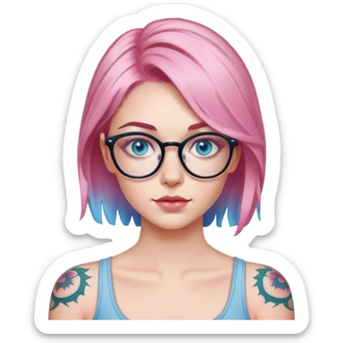Hyper Realistic edgy model, pale woman, pink balayage hair, blue eyes and glasses, shoulder tattoo  sticker