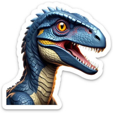 Cinematic Noble Jurassic Velociraptor Portrait Emoji, Poised and menacing, with a sleek, muscular build clad in dark, scaly skin reminiscent of Jurassic Park’s iconic raptor, a sharply curved snout and piercing, intelligent eyes that exude predatory cunning, Simplified yet boldly defined features, highly detailed, glowing with a cool, ominous radiance, high shine, intelligent and relentless, stylized with an air of cinematic prehistoric authority, focused and alert, soft glowing outline, capturing the essence of a watchful and confident Jurassic Velociraptor that appears ready to dash out of the screen with effortless power! sticker