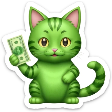 Green cat, all green body, has money sticker