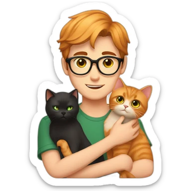 Boy with green eyes, glasses, with black short hair, holds Persian orange cat sticker