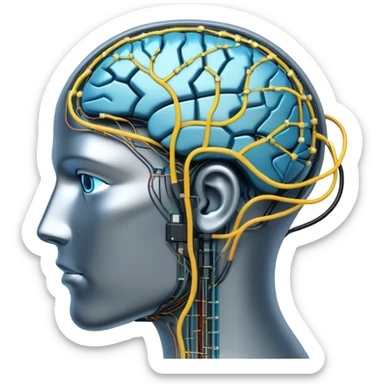 An icon featuring a human head silhouette with circuit patterns, a glowing brain, and neural network nodes, symbolizing artificial intelligence. The design includes data flow lines and robotic elements, representing machine learning and advanced computation. Transparent background sticker