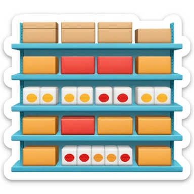"Minimalist Japanese retail shelf display, products arranged in identical horizontal rows, with multiple units of each item placed directly behind one another, vertically varied by type, clean spacing, precise symmetry, soft neutral lighting, front-facing packages, ultra-detailed." sticker