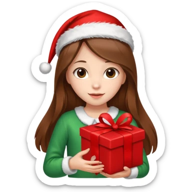 a girl with long brown hair wearing a christmas clothes and holding a gift sticker