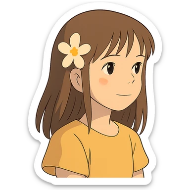 ghibli style girl with straight hair, flower in hair, summer theme sticker